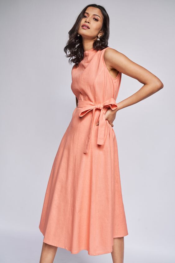 Peach Solid Flared Dress, , image 7