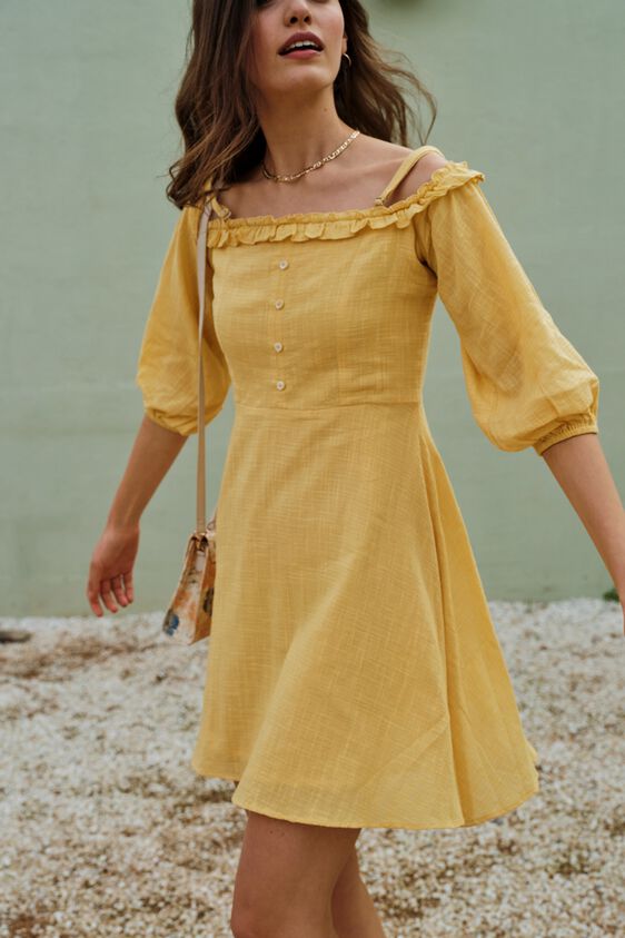 2 - Yellow Solid Fit & Flare Dress, image 2