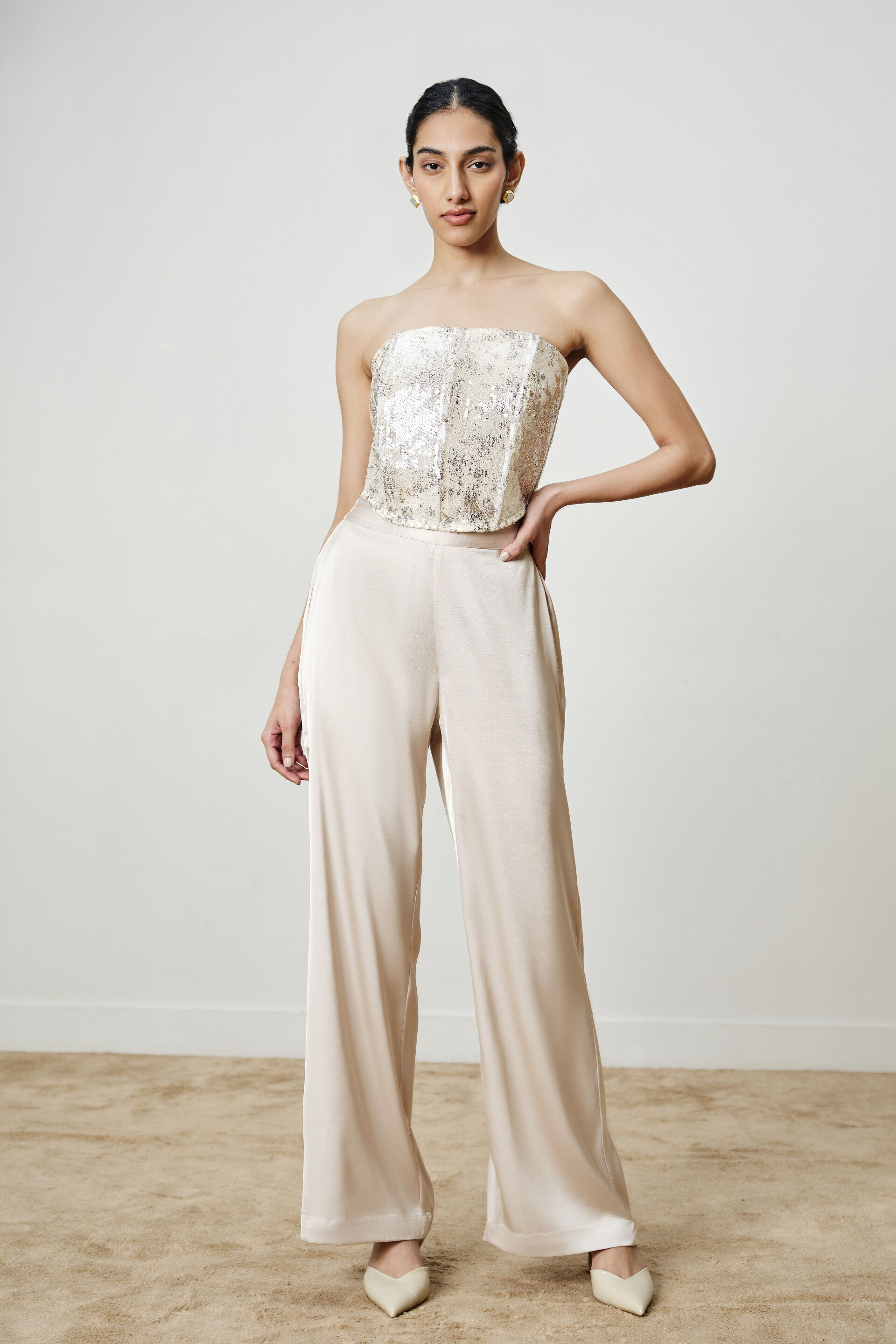 Pearl Sequined Mesh Corset, Beige, image 4