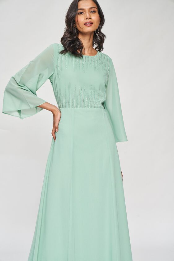1 - Sage Green Solid Embellished Fit & Flare Gown, image 1