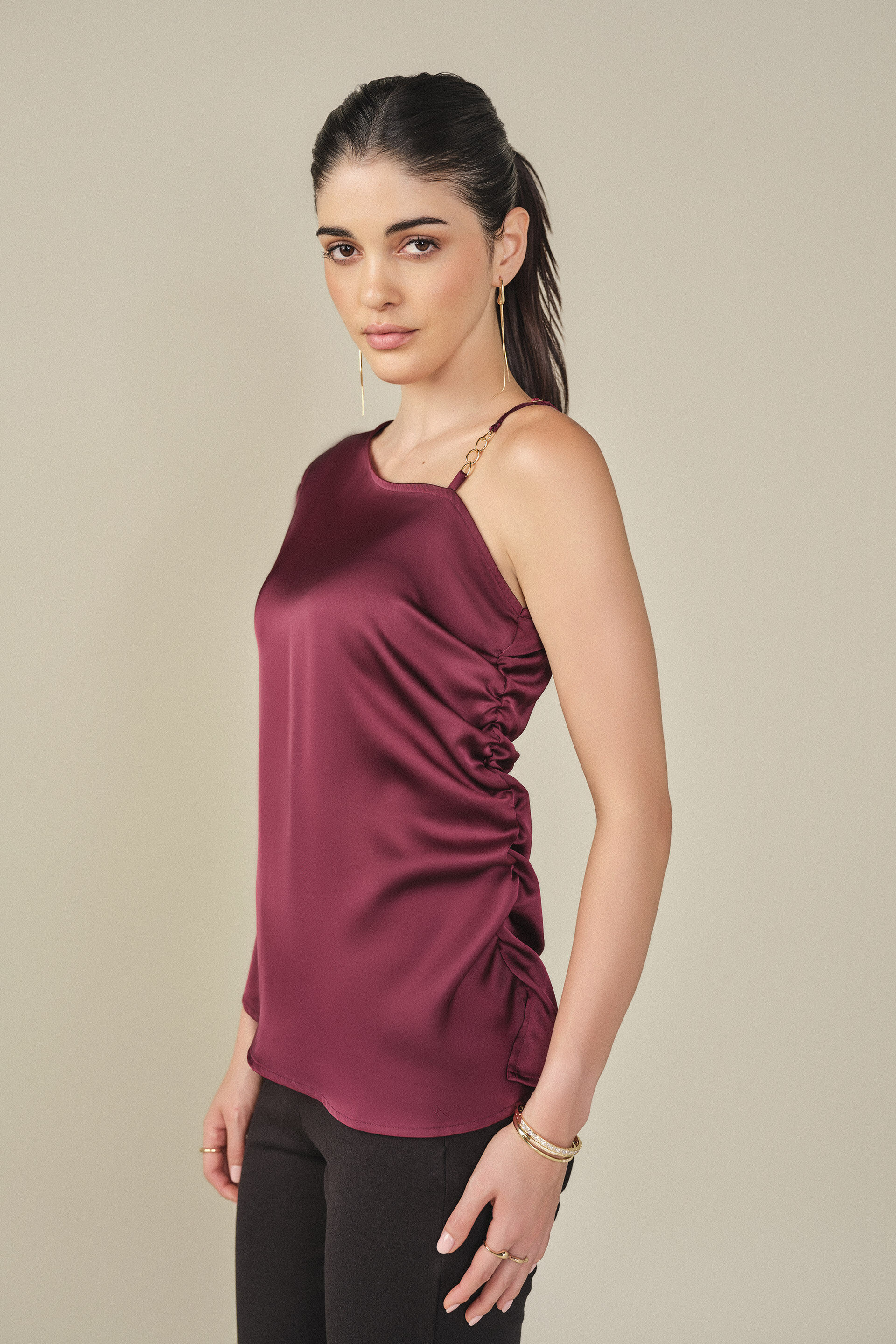 One-shoulder Satin Top in Wine, Wine, image 3