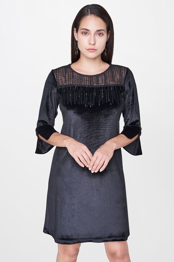 1 - Black Embroidered Round Neck A-Line Slit Dress, image 1