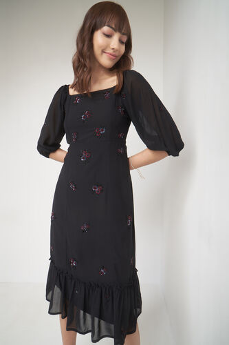 Black Floral Flared Dress, Black, image 3