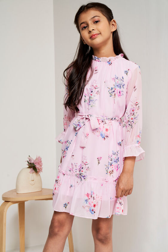 Pink Floral Flounce Dress, Pink, image 1