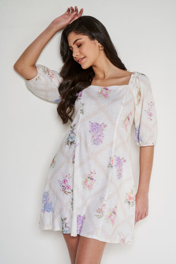 Cream Floral Flared Dress, Cream, image 3