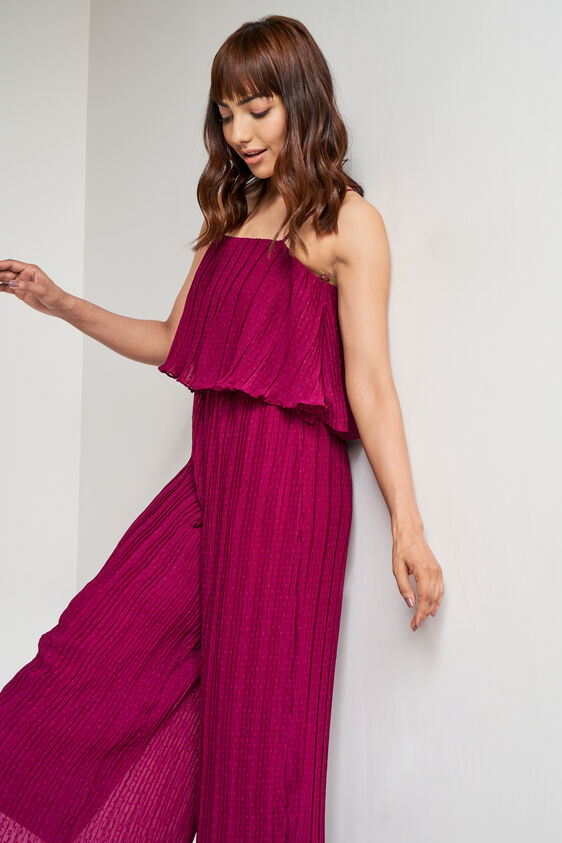 Wine Solid Flared Jumpsuit, Wine, image 1