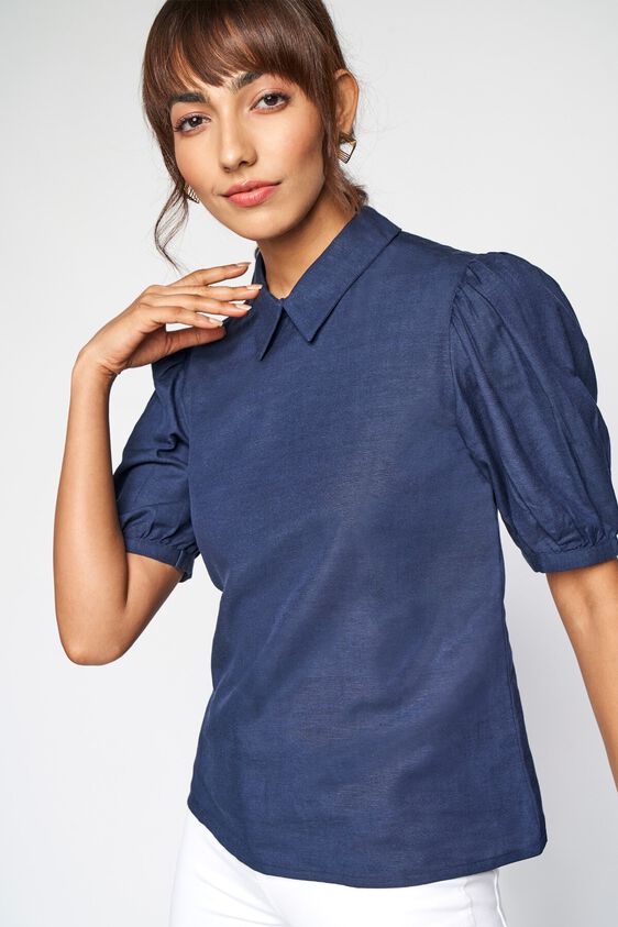 1 - Blue Solid Shirt Style Top, image 1