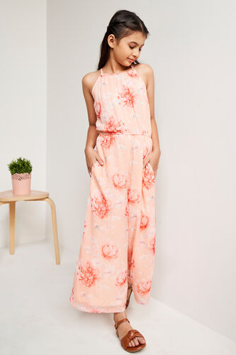 Peach And Orange Floral Straight Jump Suit, Peach, image 3