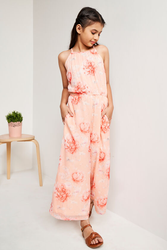 Peach And Orange Floral Straight Jump Suit, Peach, image 3