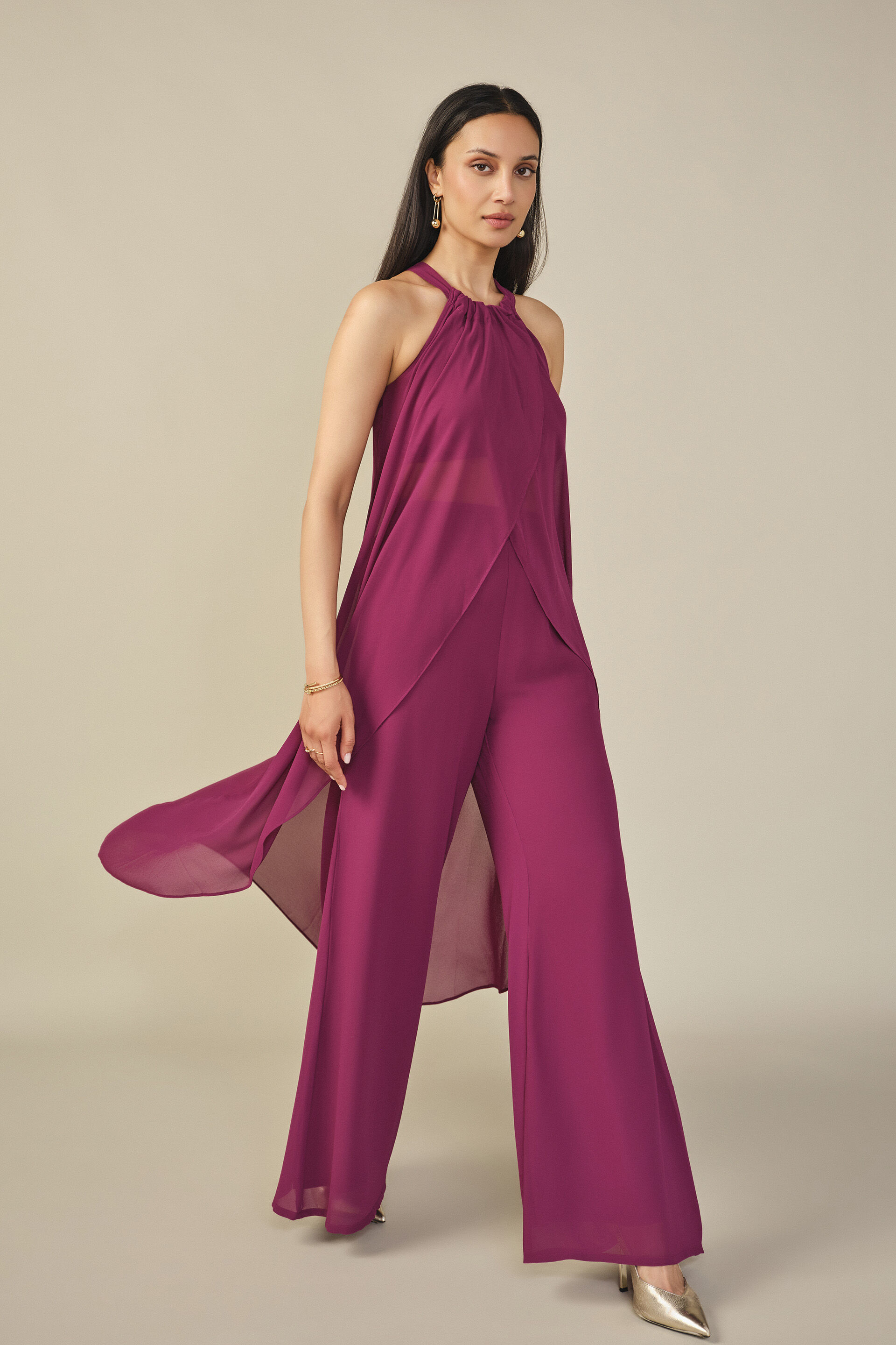 Halter Neck Asymmetric Co-ord in Burgundy, Burgundy, image 3