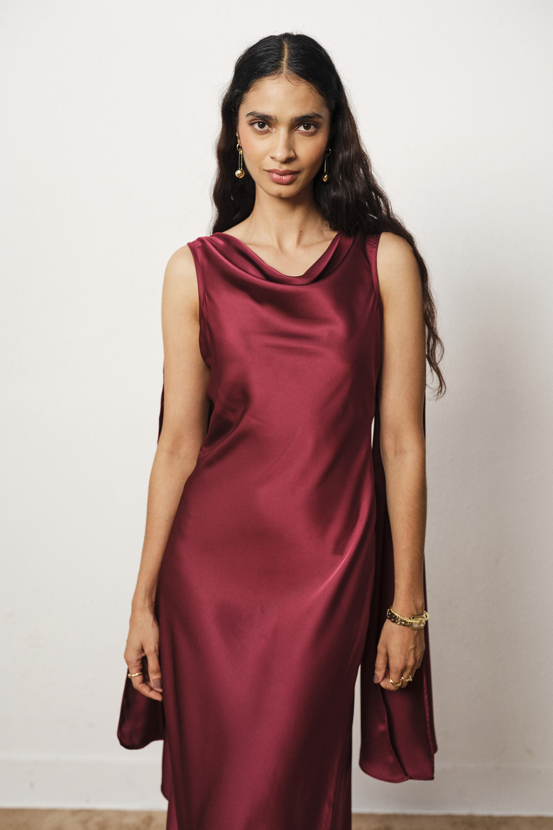 Cowl Maxi Satin Gown in wine, Wine, image 2