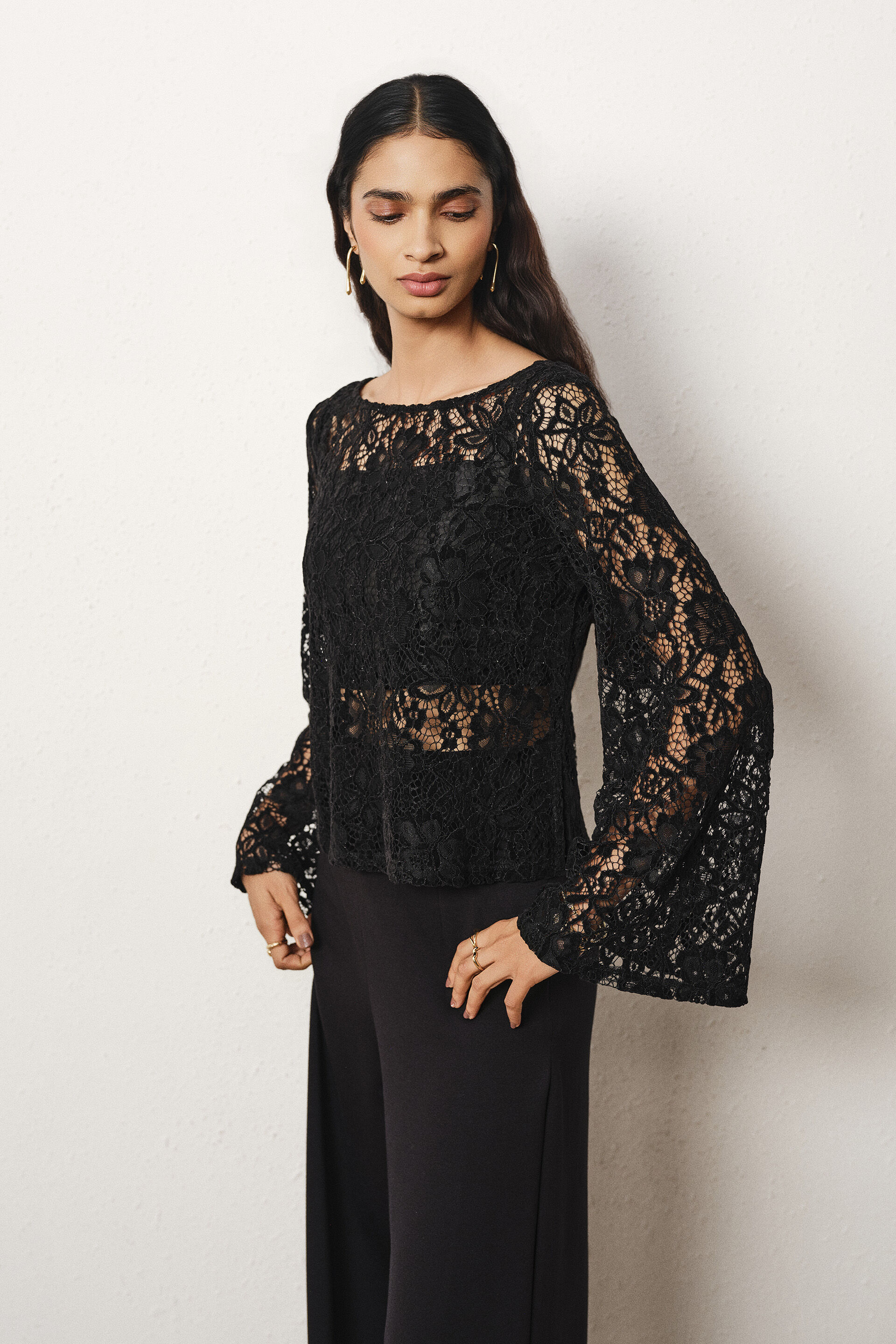 Lace Full Sleeves Top in Black, Black, image 3
