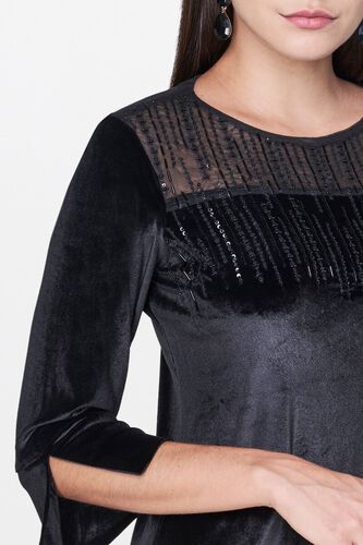 5 - Black Embroidered Round Neck A-Line Slit Dress, image 5