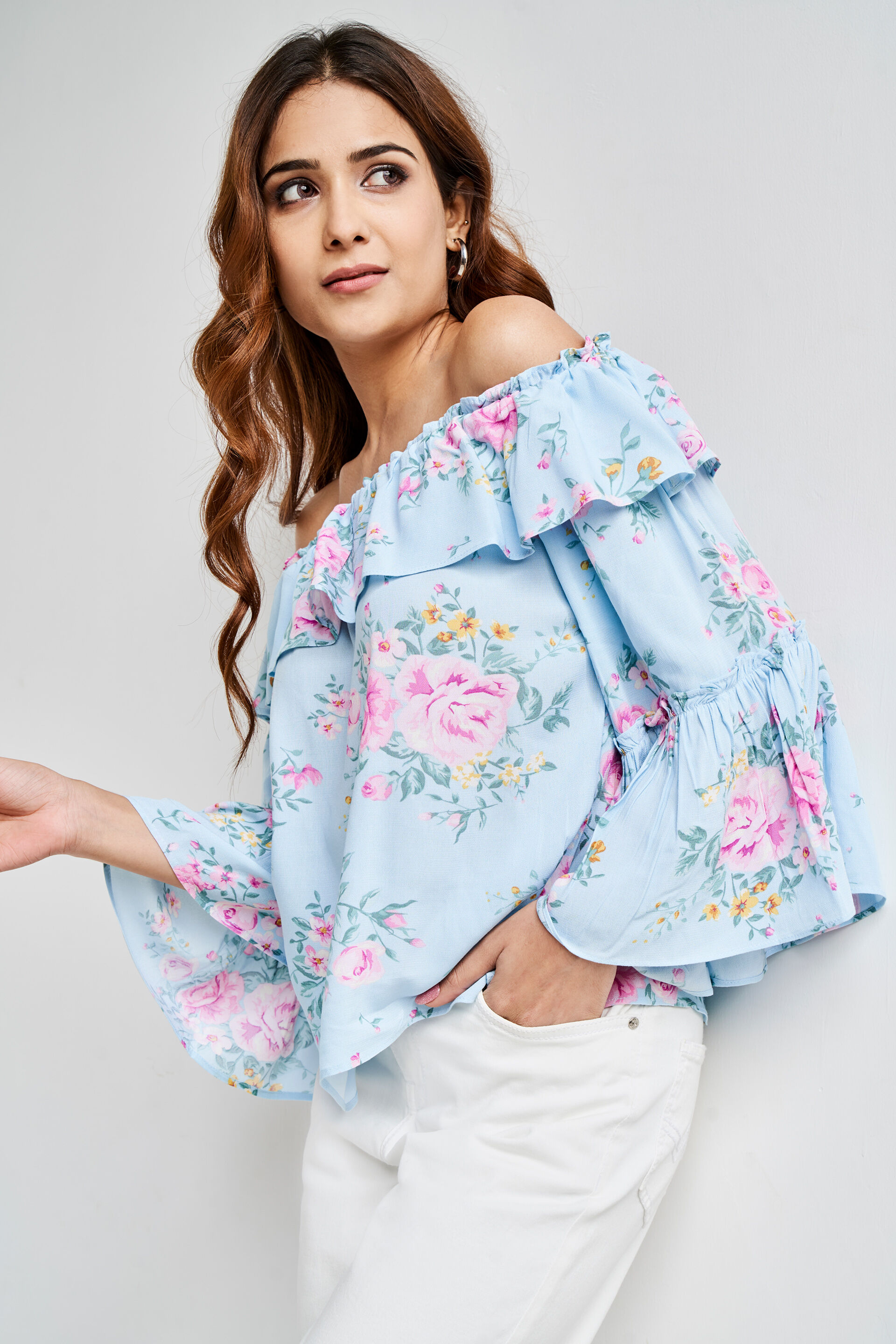 Powder Blue Floral Flared Top, Powder Blue, image 1