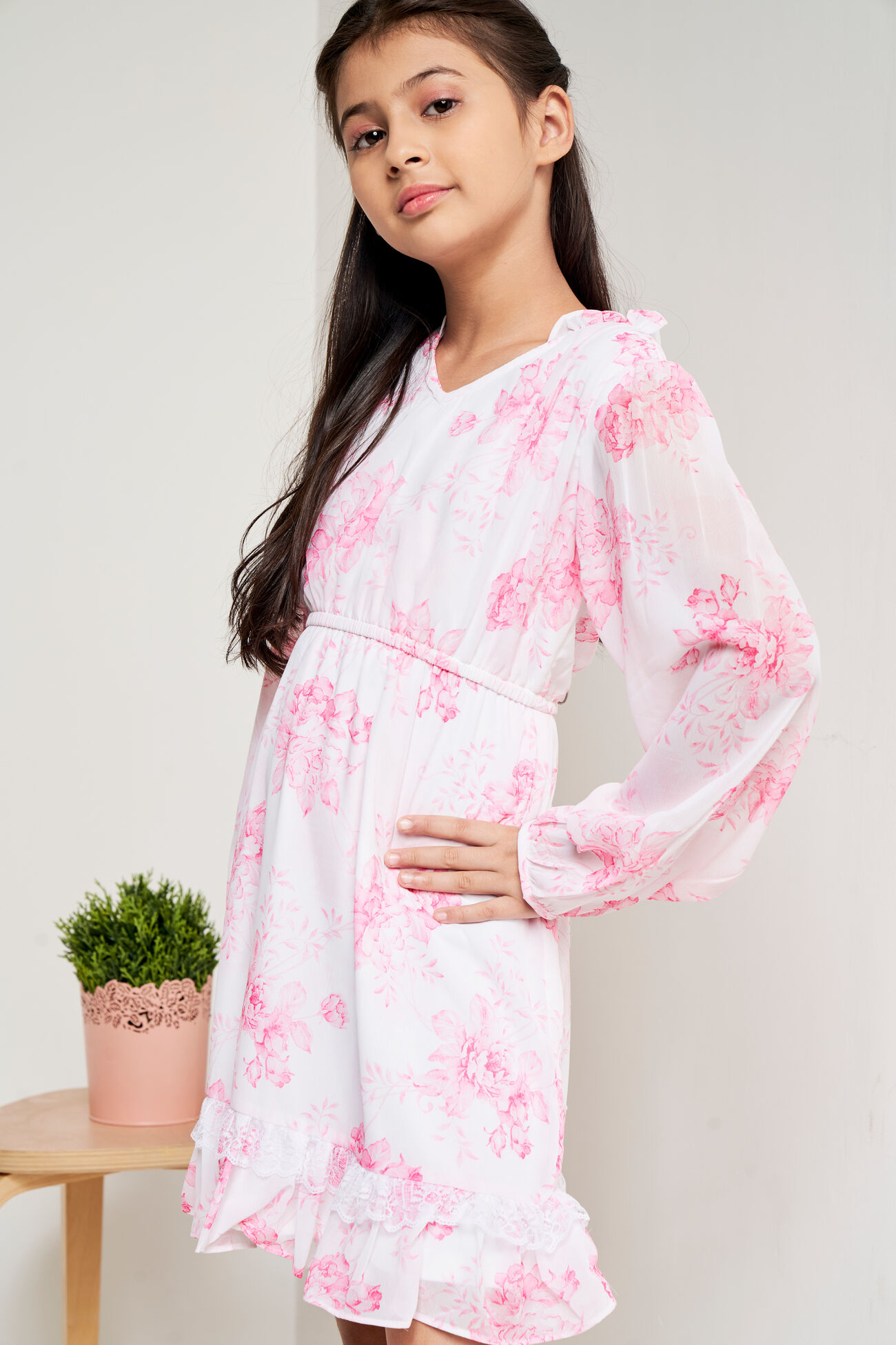 Cream Floral Flounce Dress, Cream, image 1