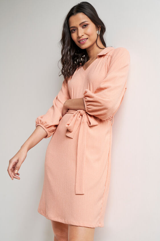 Peach Self Design Straight Dress, Peach, image 1