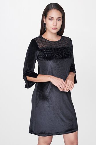 3 - Black Embroidered Round Neck A-Line Slit Dress, image 3