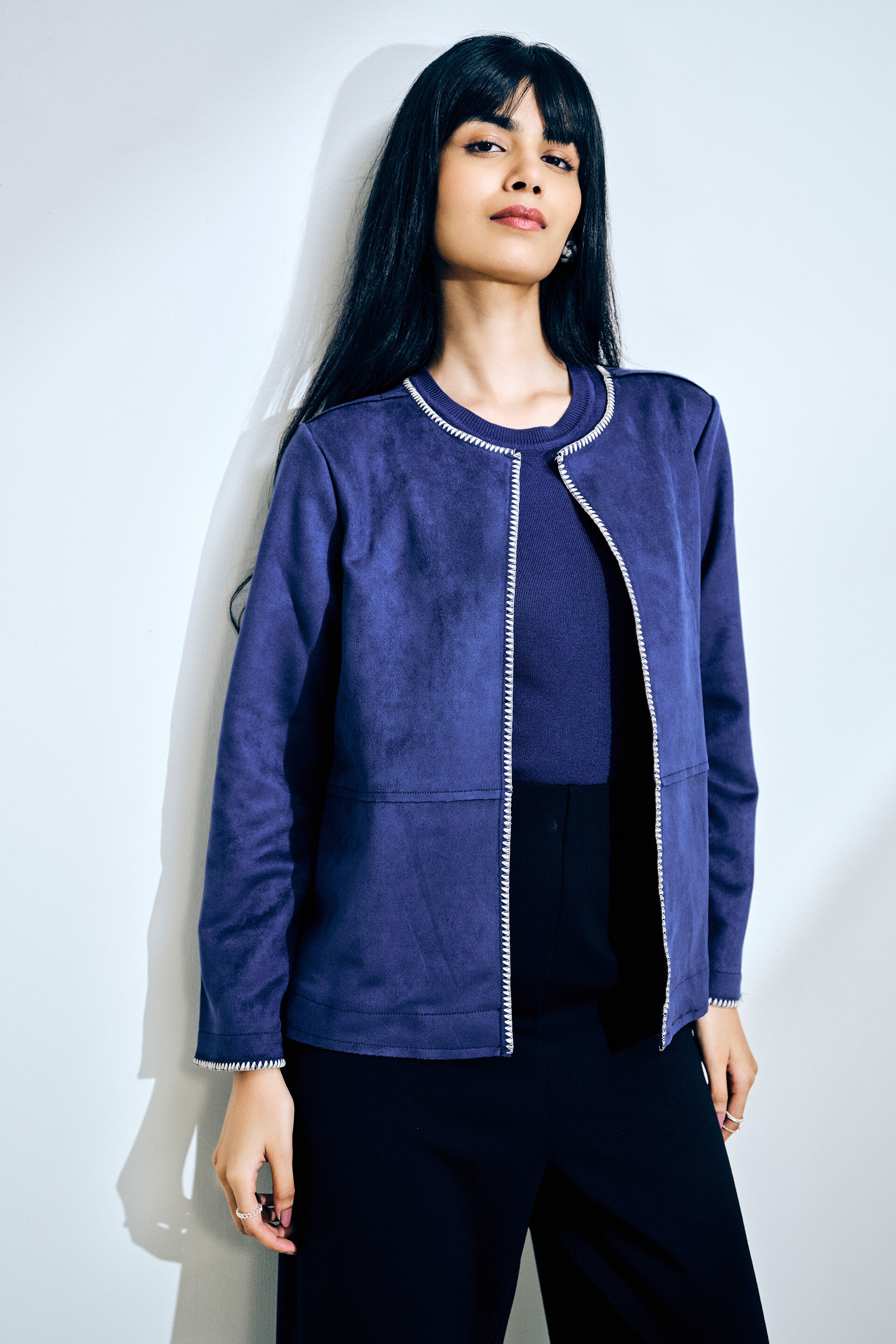 Navy Suede Open Jacket, Blue, image 3