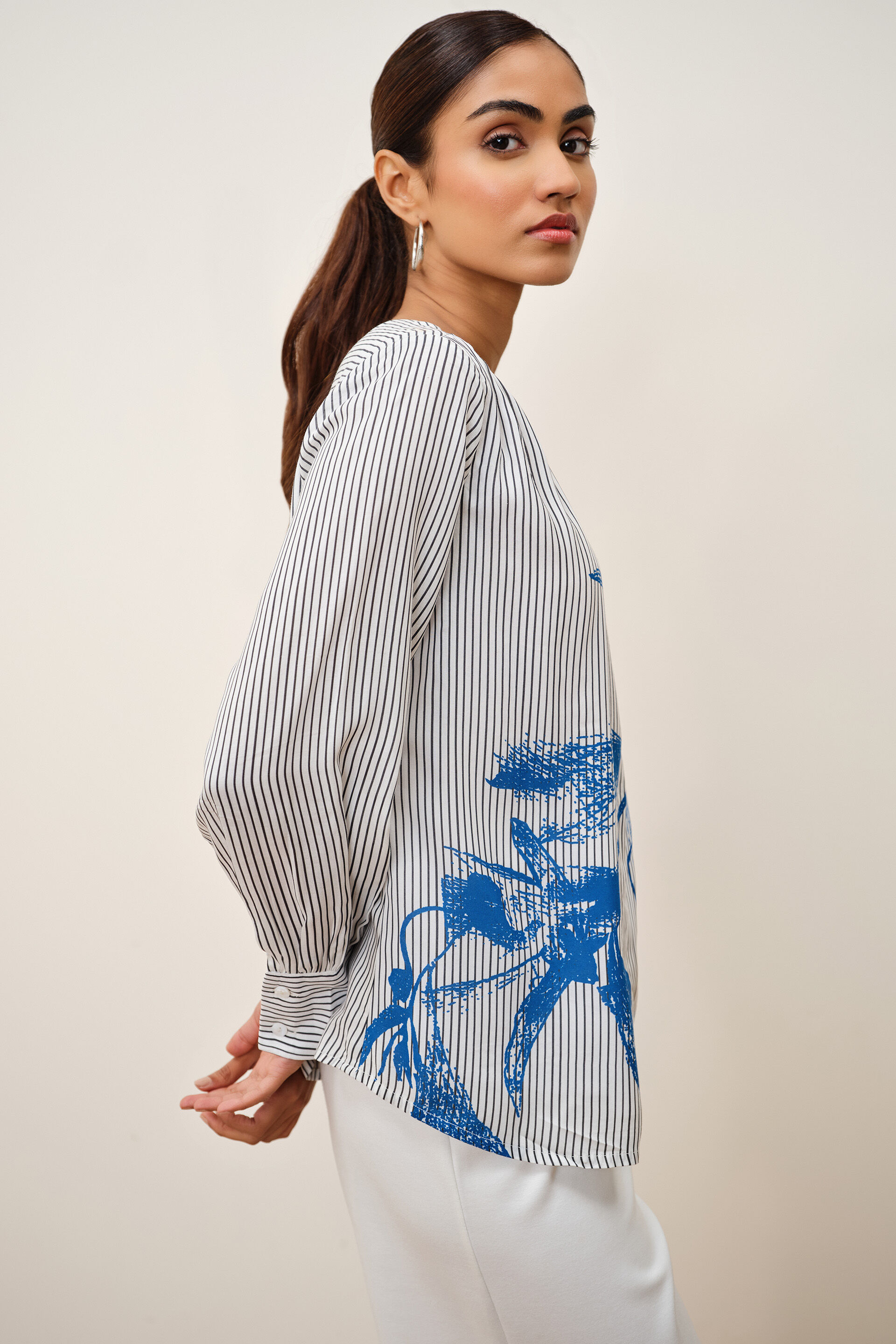 Printed Pinstripe Modal Shirt, White, image 4