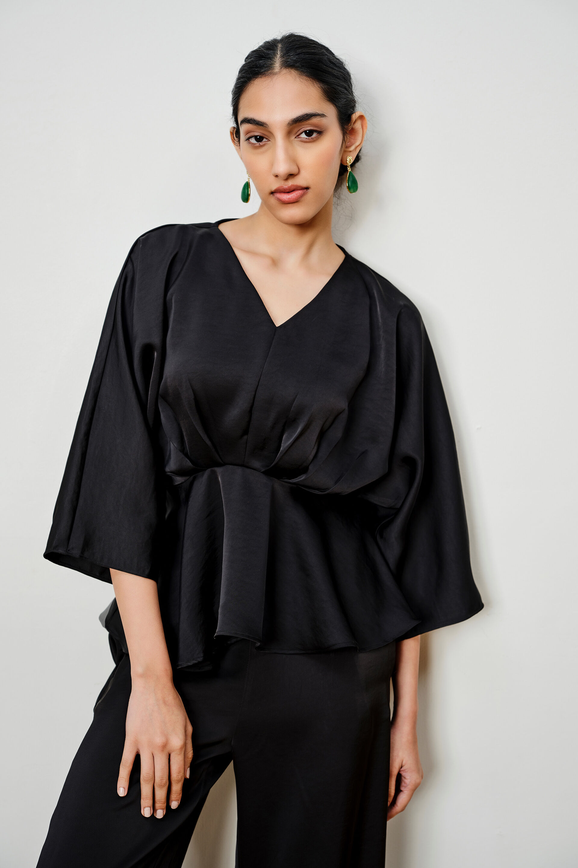 Black Pleated Peplum Top, Black, image 5