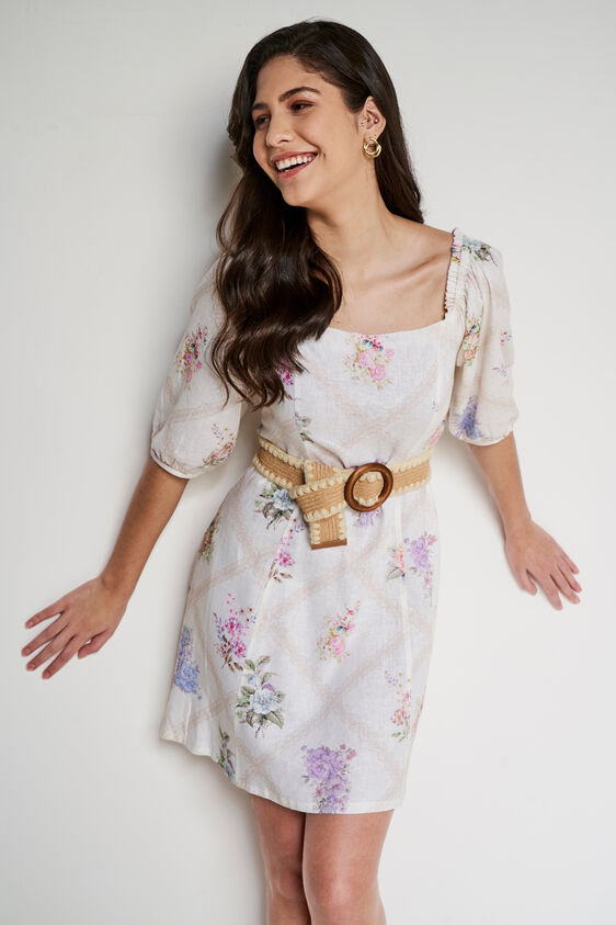 Cream Floral Flared Dress, Cream, image 1