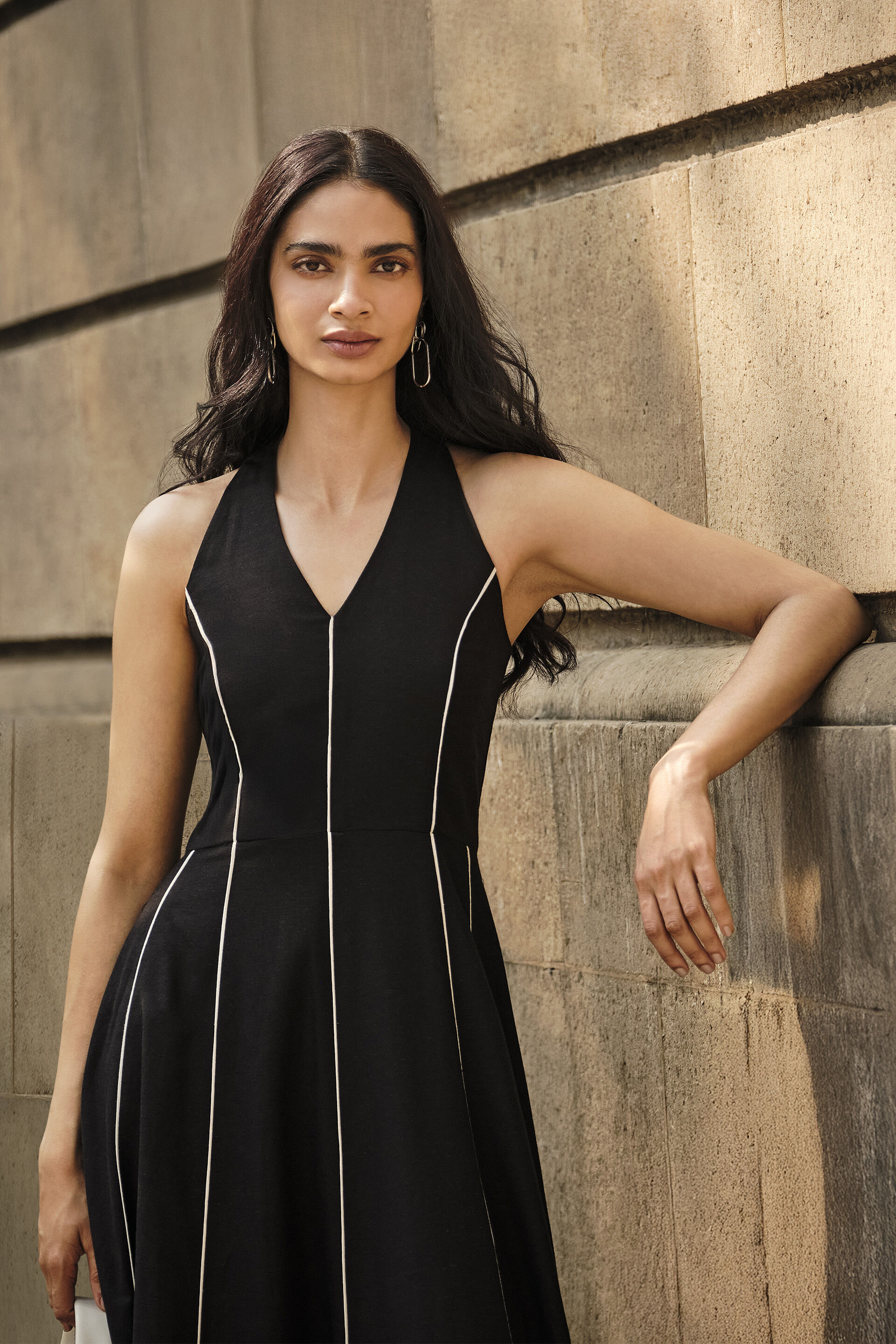 Velia Black Panelled Dress, Black, image 2