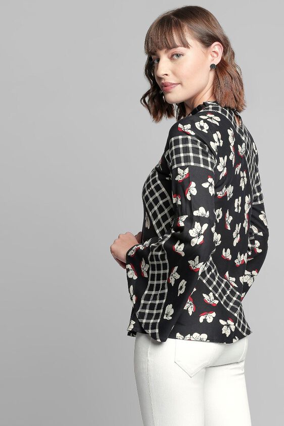 2 - Black Floral Round Neck Straight Flared Top, image 2