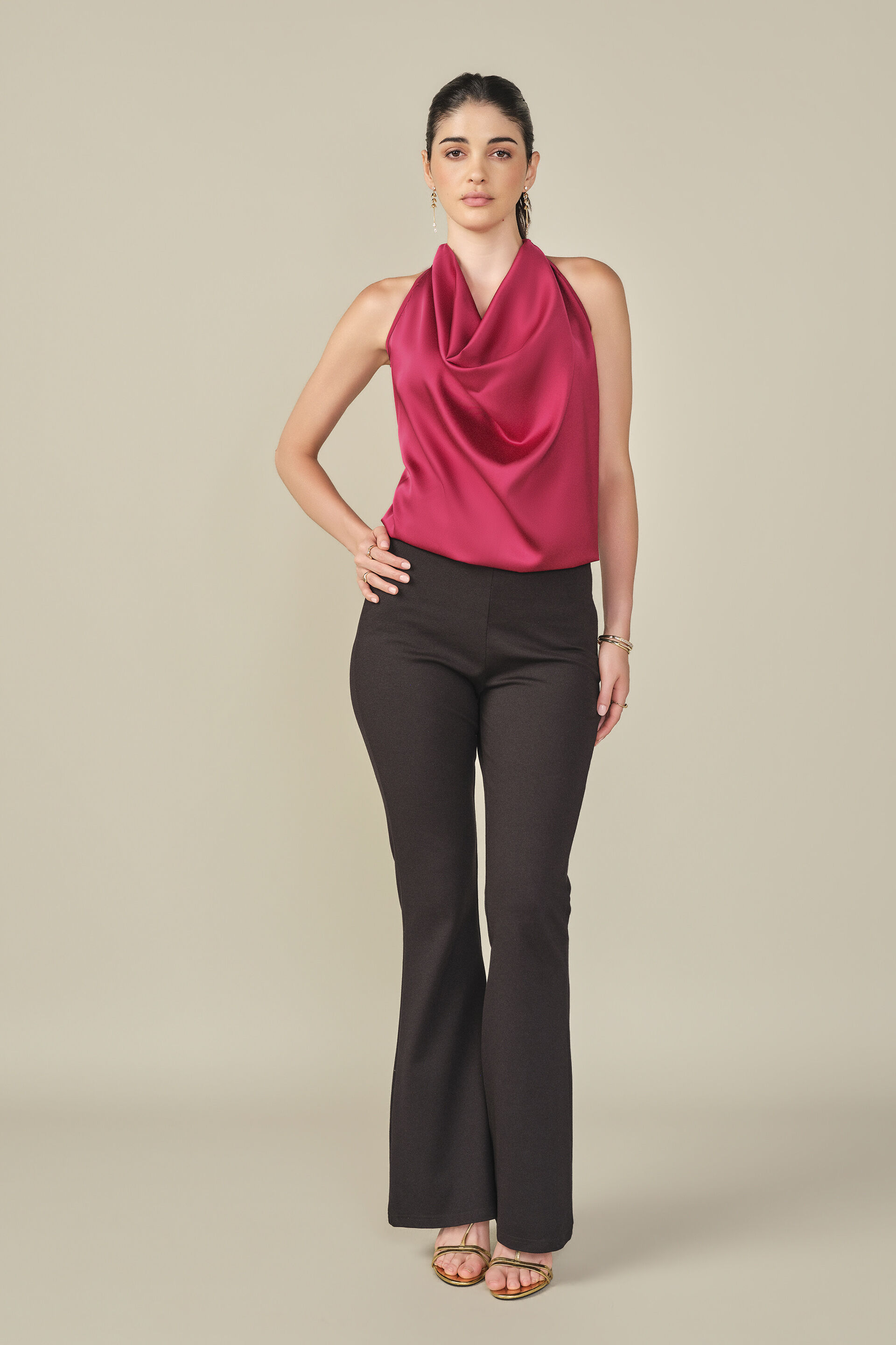 Cowl Neck Satin Top in Red, Red, image 4