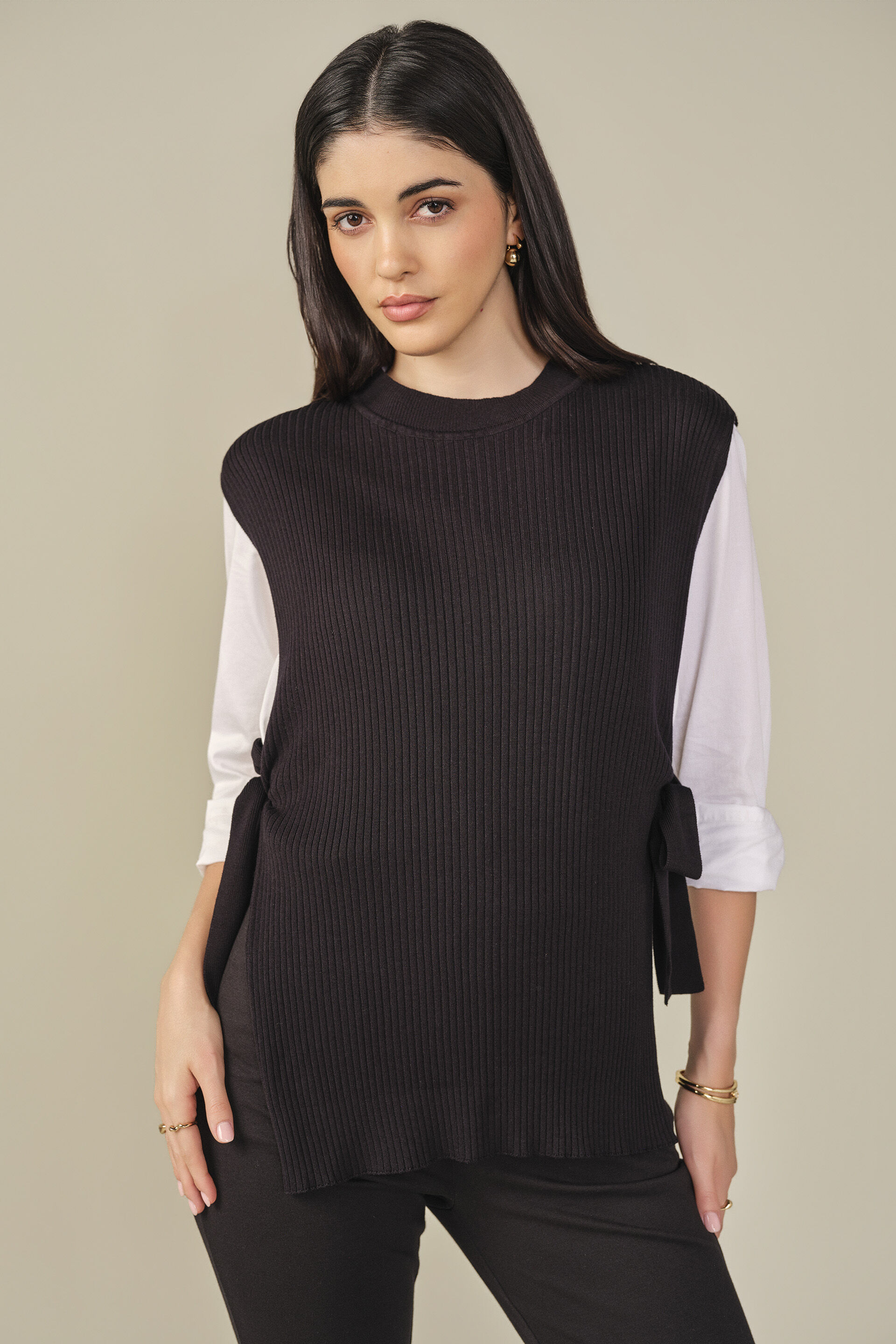 Side Tie-up Knit Top in Black, Black, image 1