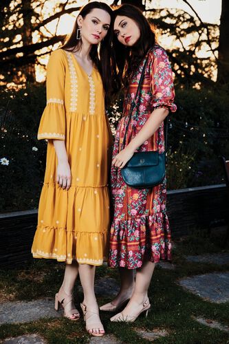 1 - Red Floral Round Neck Fit and Flare Midi Gown, image 1