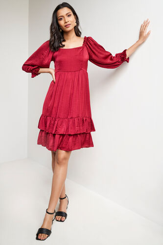 Dark Red Solid Flounce Dress, Red, image 4