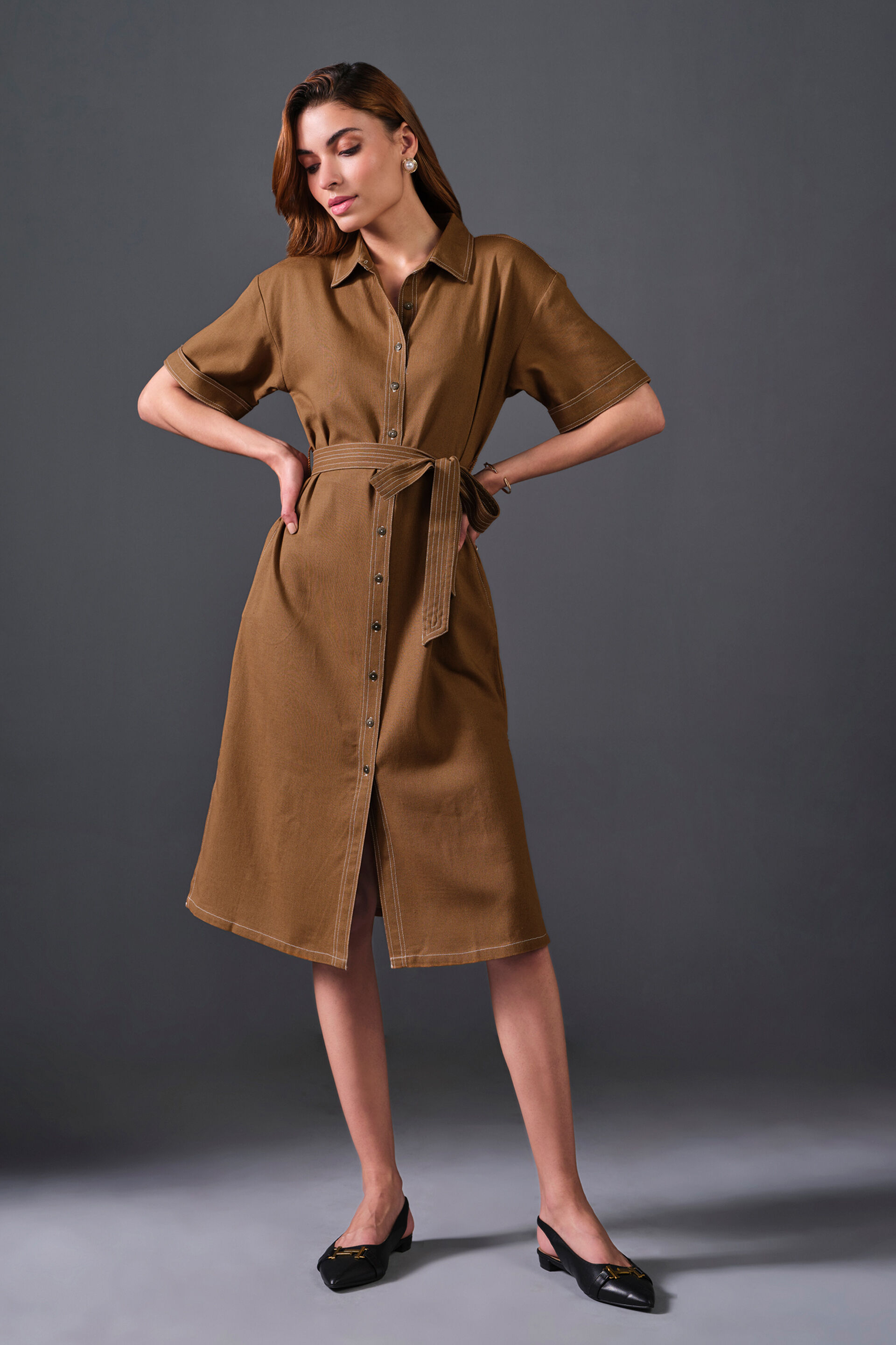 High On Contrast Rayon Dress, Brown, image 1