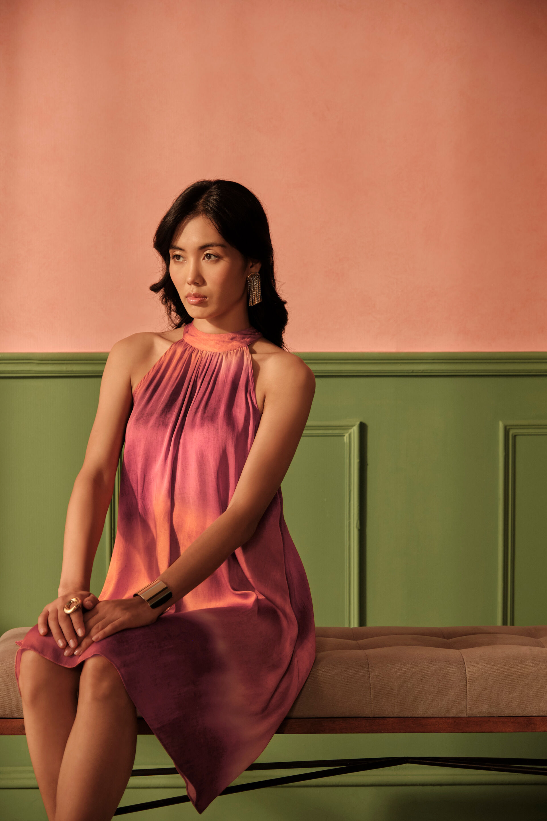 Sunburst Viscose Halter Neck Dress, Orange, image 1