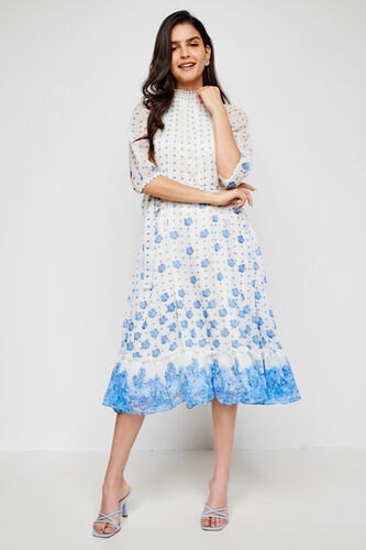 Blue and White Floral Flared Dress, Blue, image 4