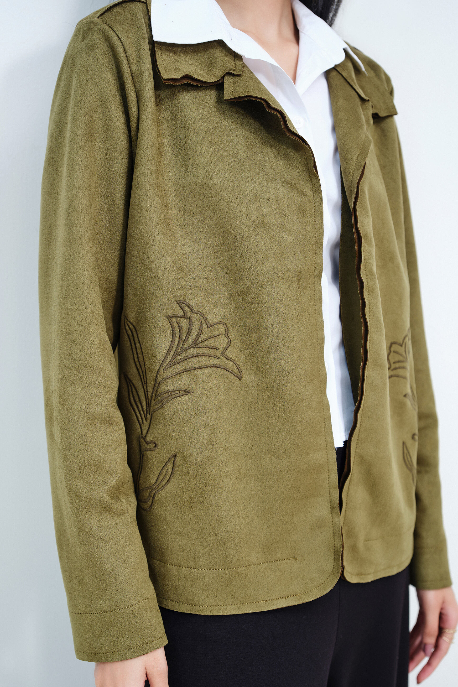 Olive Suede Embroidered Open Jacket, Olive, image 2