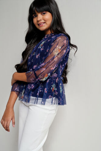 Navy Floral Flared Top, Navy Blue, image 1