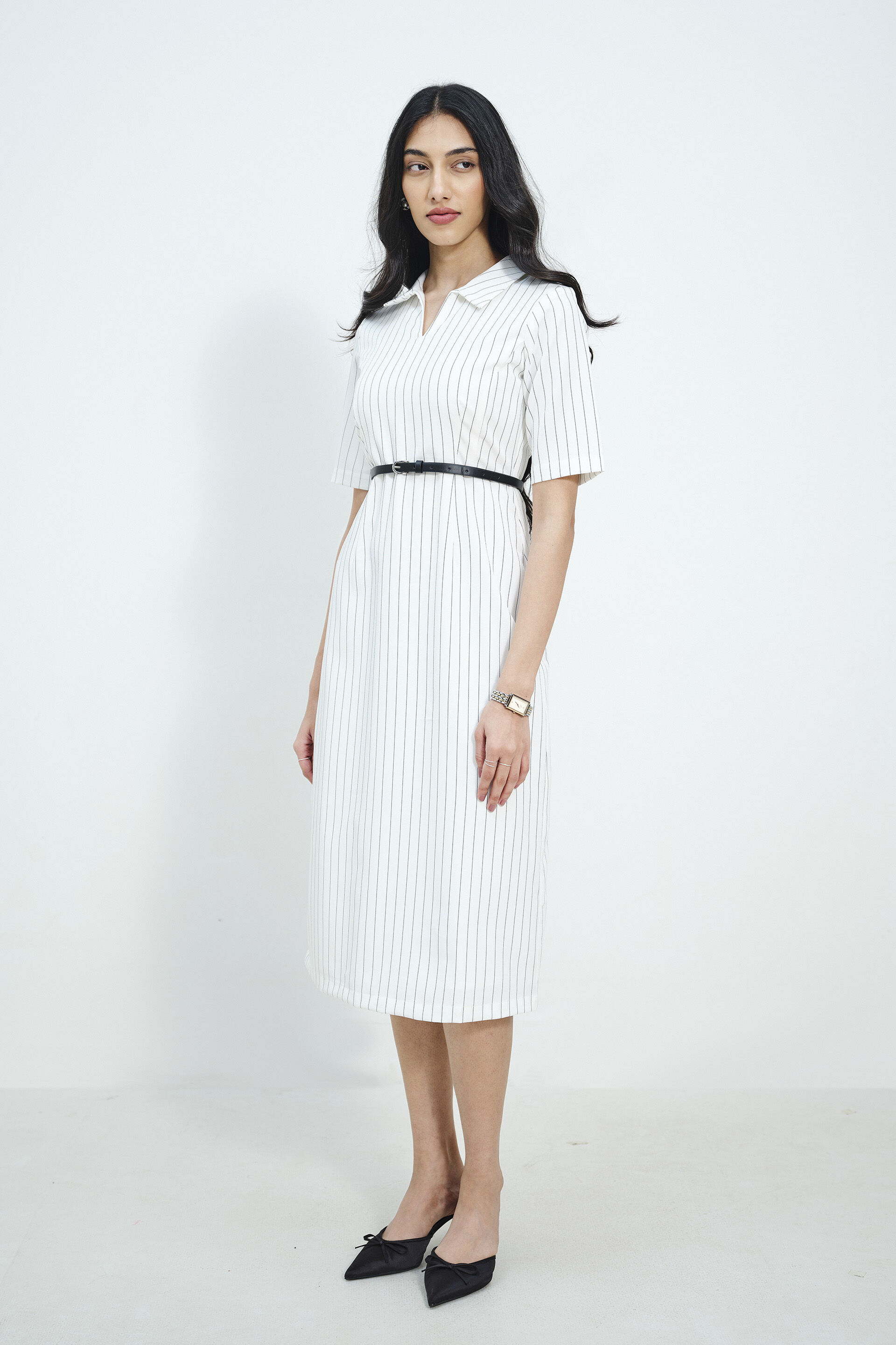 Pinstripe Pattern Dress, White, image 2