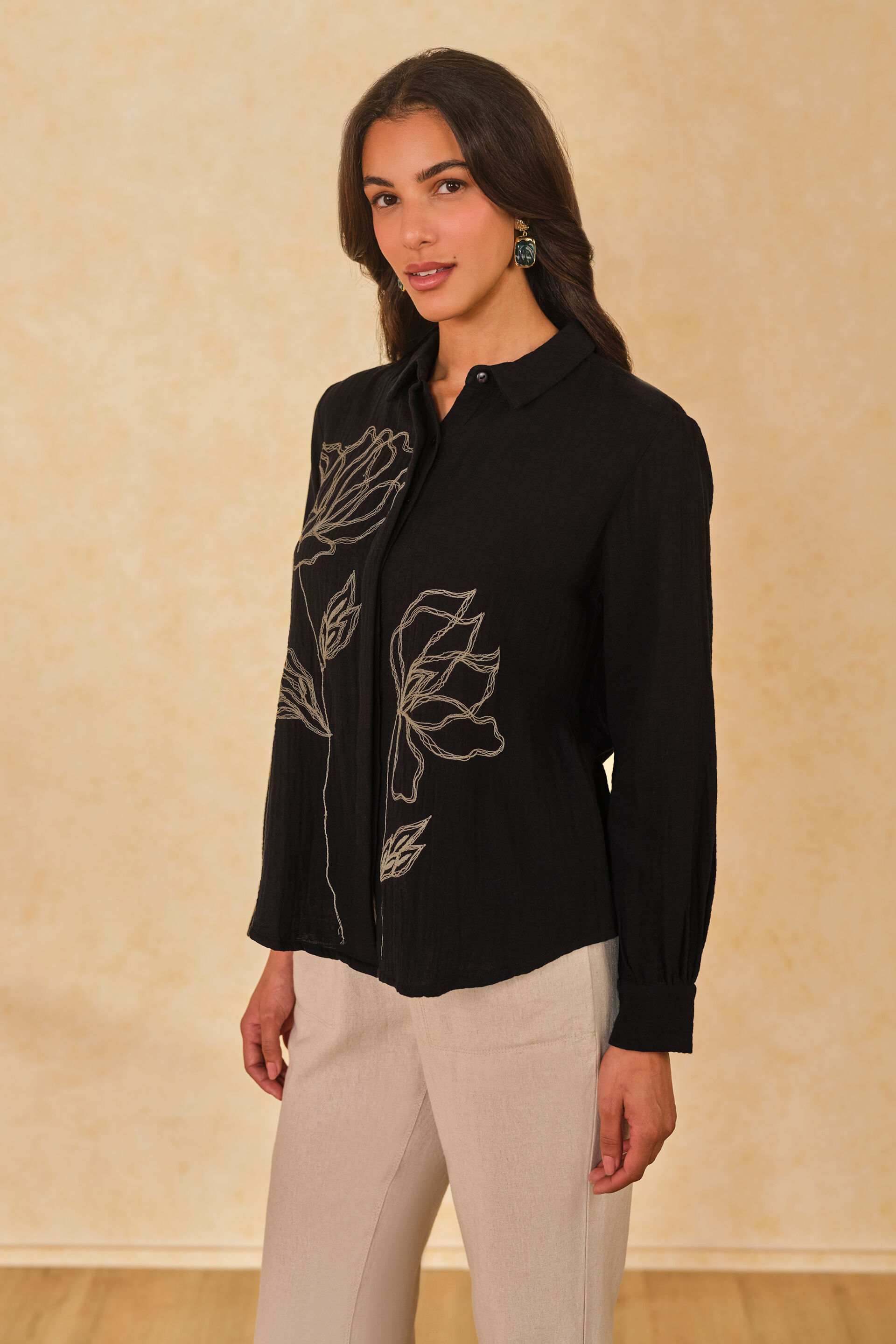 Midnight Garden Cotton Long Shirt, Black, image 3