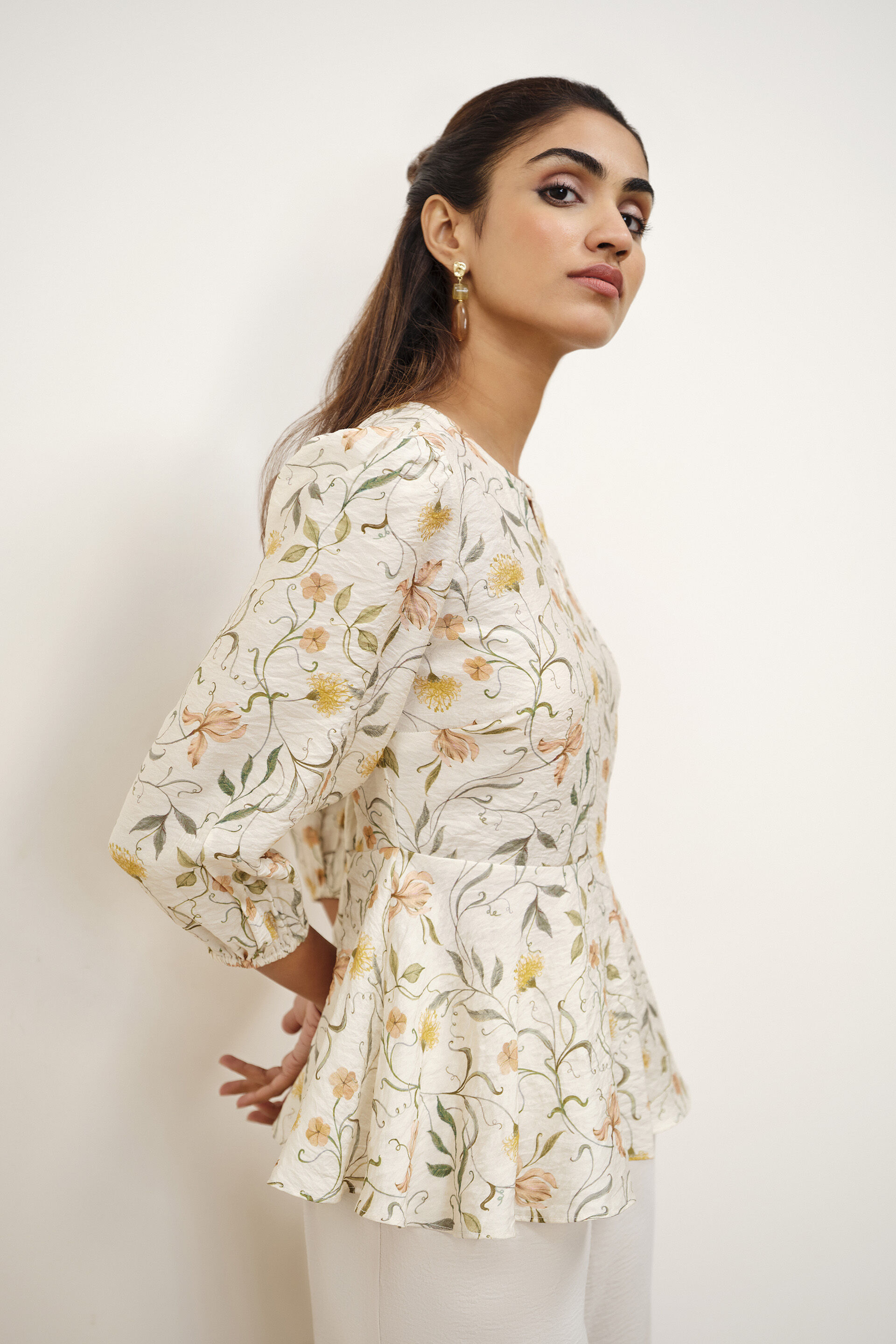 Alyson Printed Peplum Top, Green, image 3