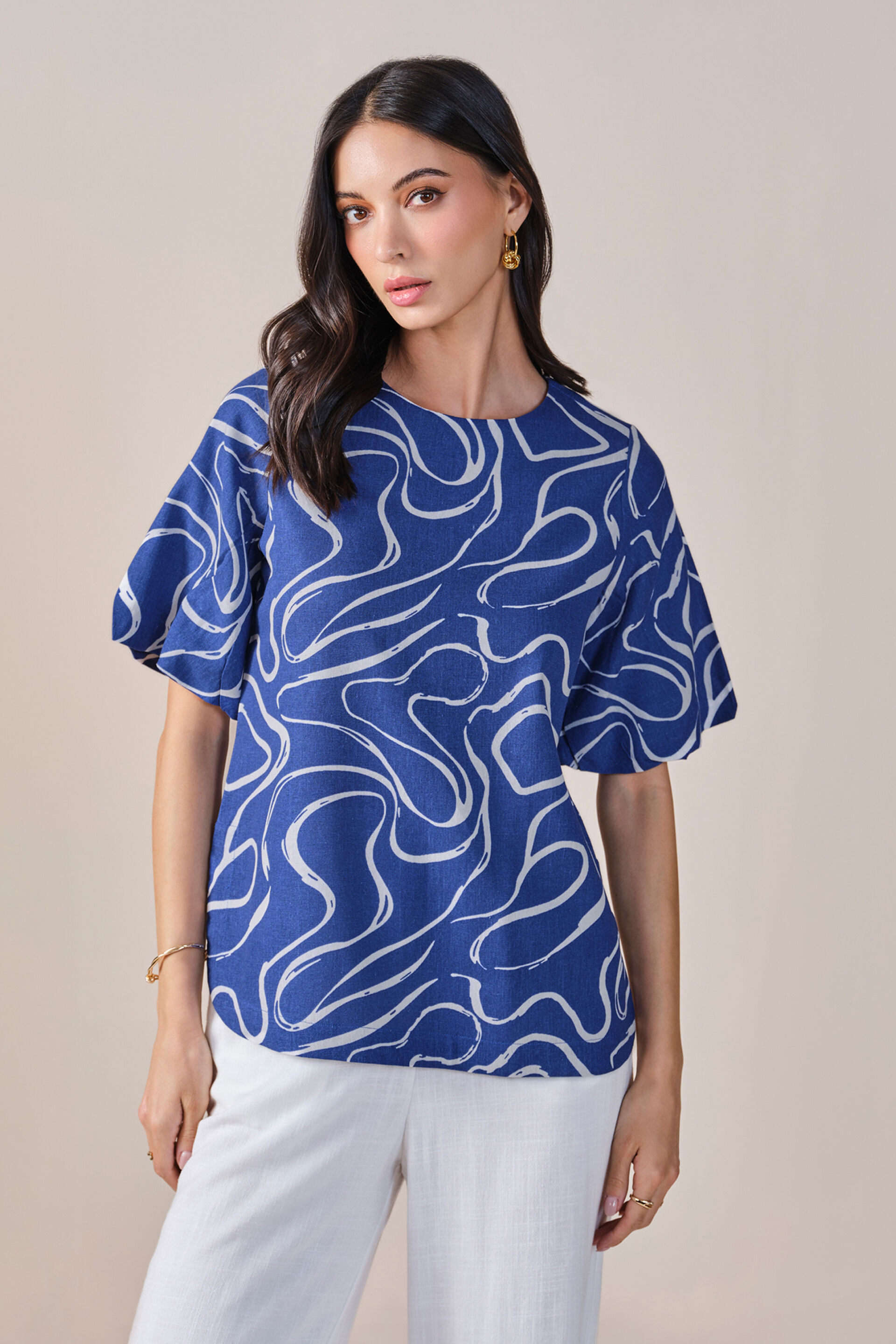 Cobalt Swirl Viscose Linen Blend Top, Blue, image 3