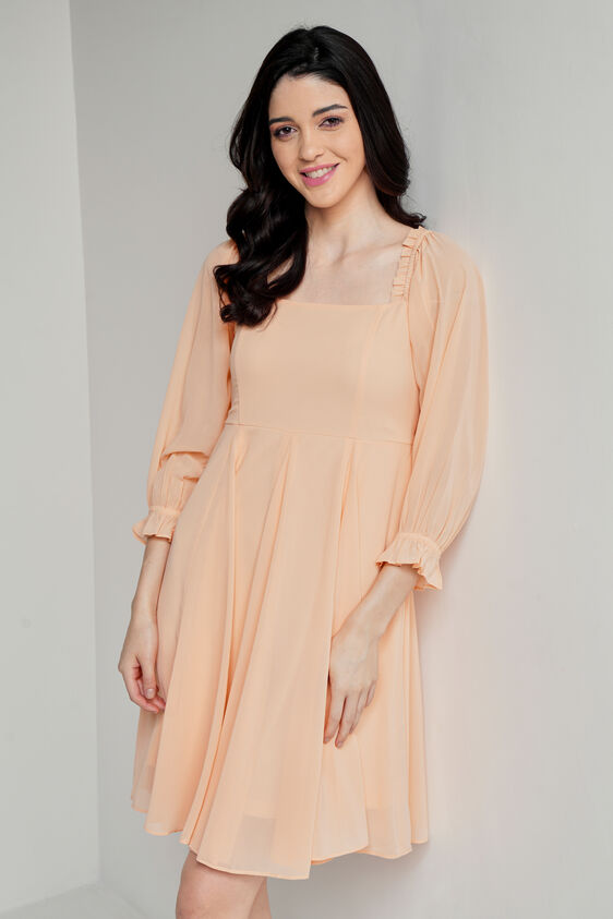 Peach Solid Flared Dress, Peach, image 3