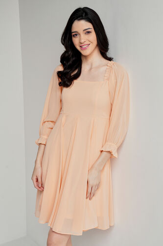 Peach Solid Flared Dress, Peach, image 3