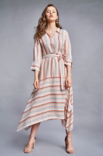 4 - Orange - White Stripes Fit and Flare Dress, image 4