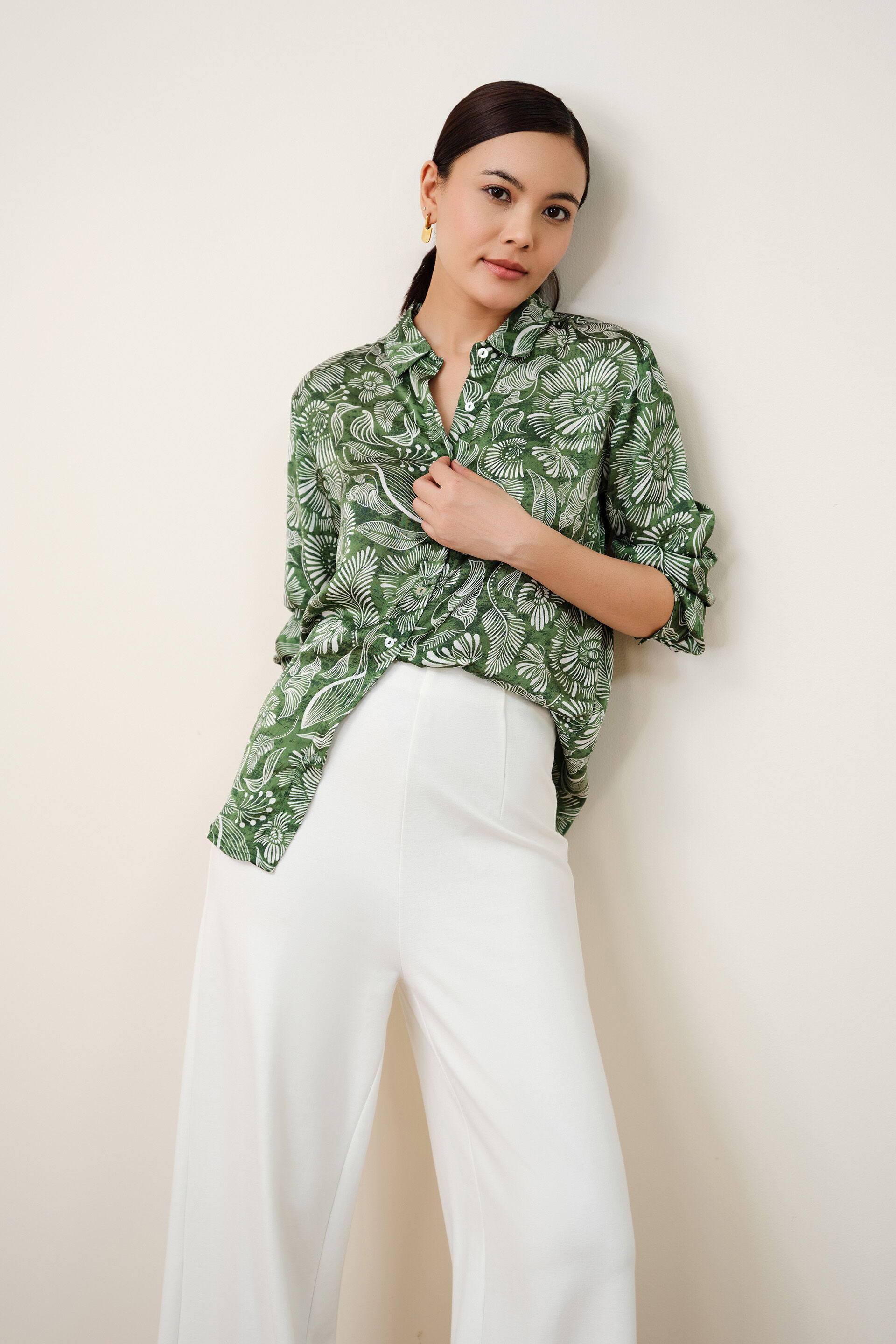 Modal Green Satin Floral Shirt, Green, image 2