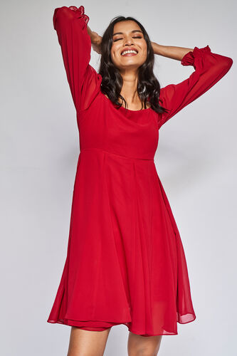 Red Solid Fit and Flare Dress, Red, image 3