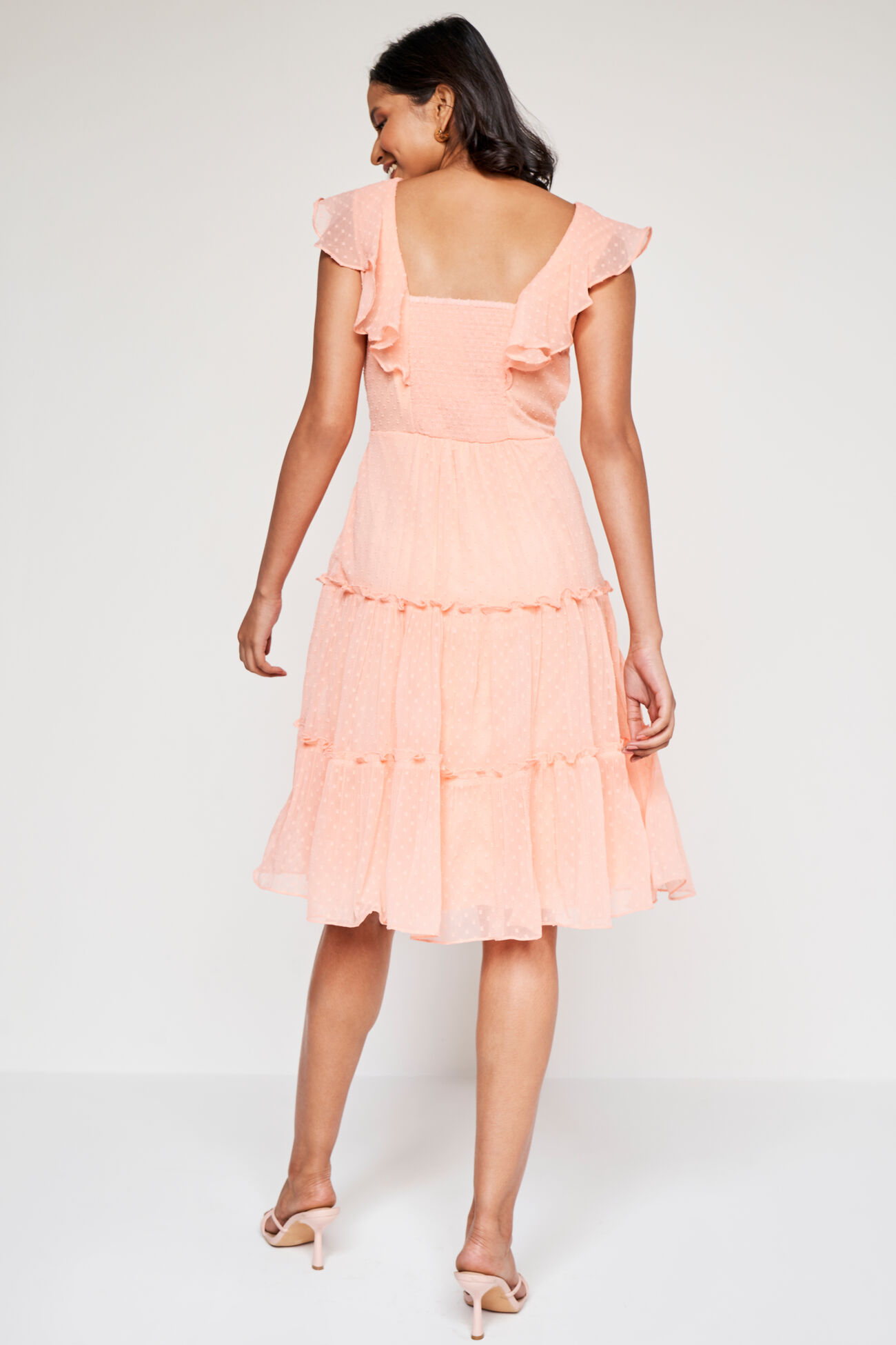 Peach Solid Flared Dress, Peach, image 5