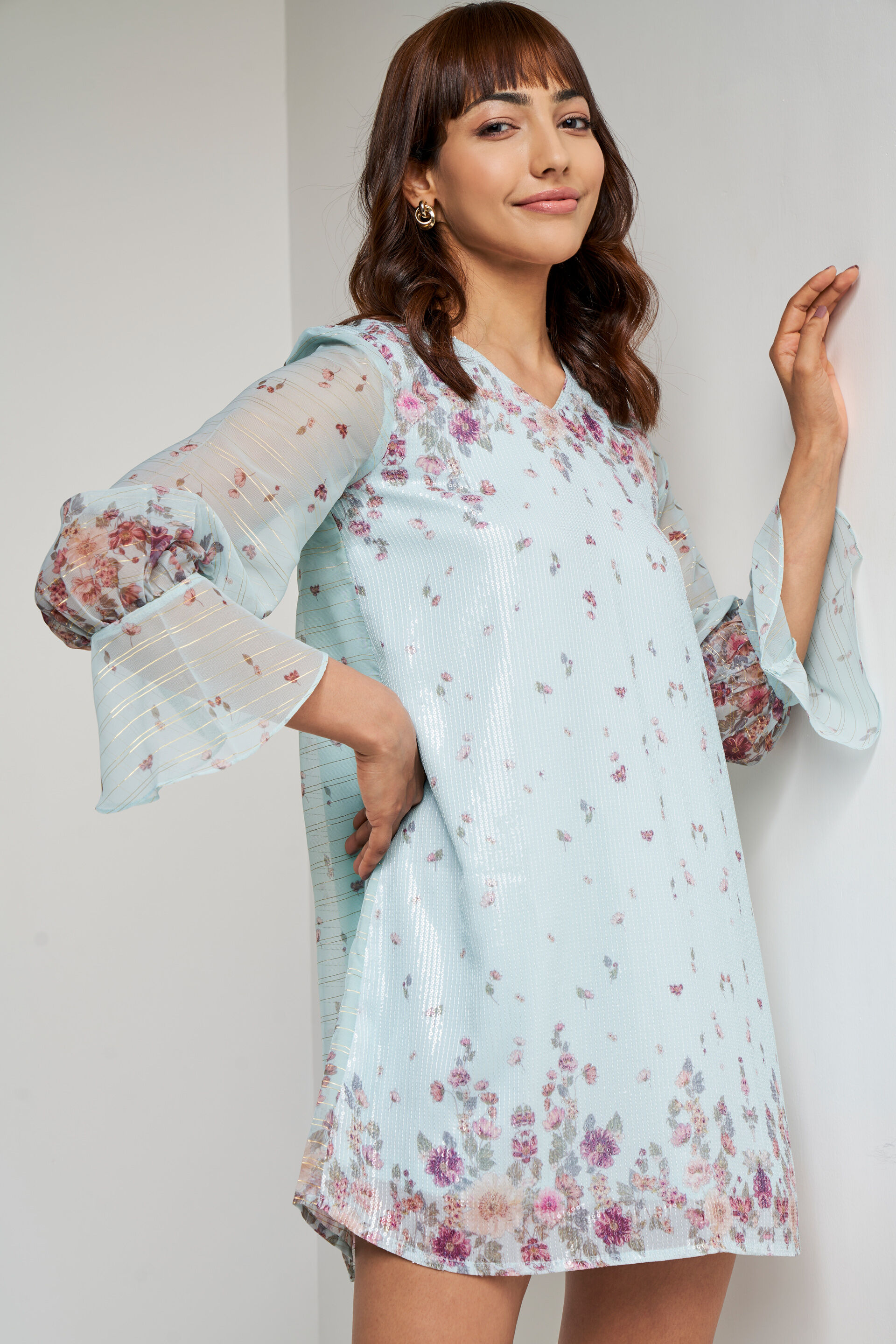 Powder Blue Floral Flared Dress, Powder Blue, image 3