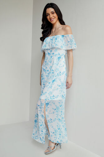 White And Blue Floral Flared Gown, White, image 3