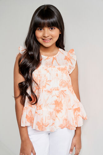 Orange And White Floral Flared Top, Orange, image 1
