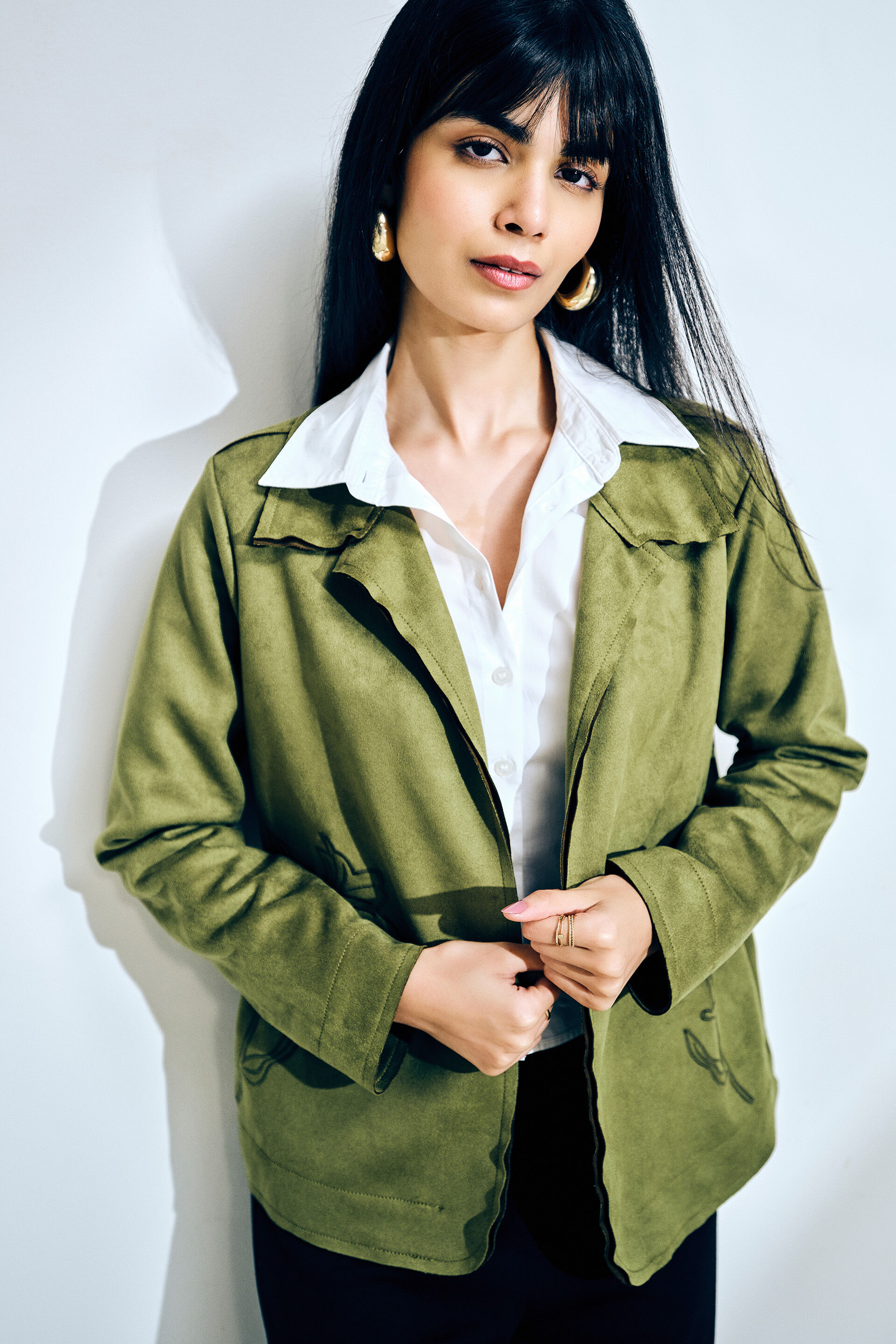 Olive Suede Embroidered Open Jacket, Olive, image 4